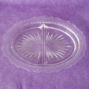 Vintage Clear Glass Divided Plate, Sunburst Herringbone Pattern Depression Glass